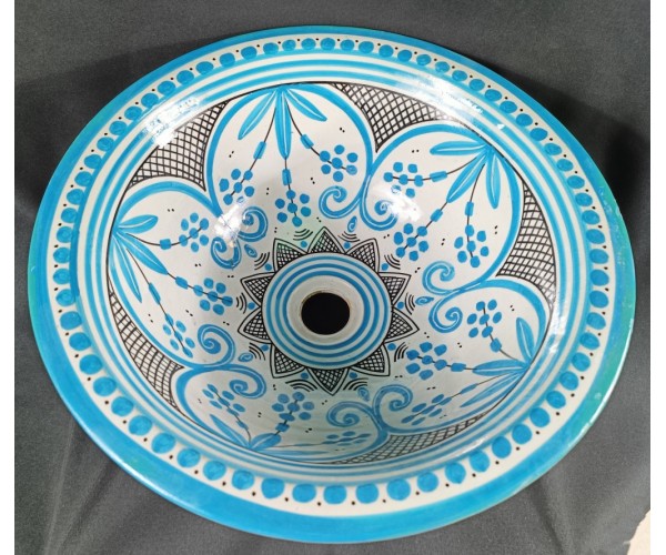 Lavabo de cerámica marroquí pintado orquídeas turquesa