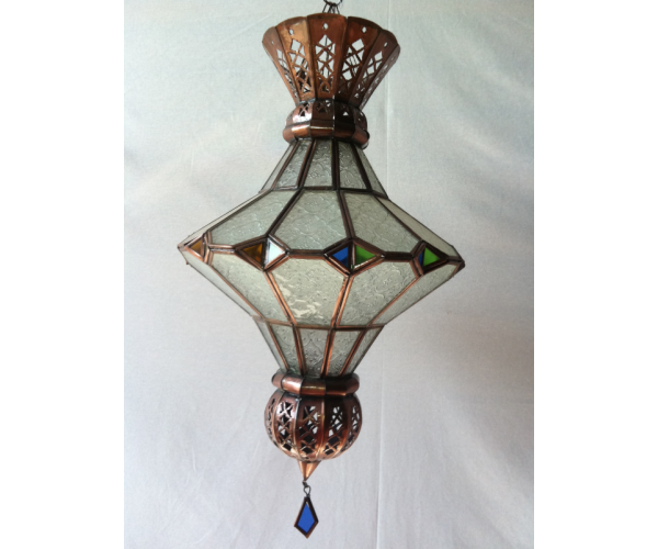 Lámpara marroquí de cristal blanco y estructura en forma de esmeralda